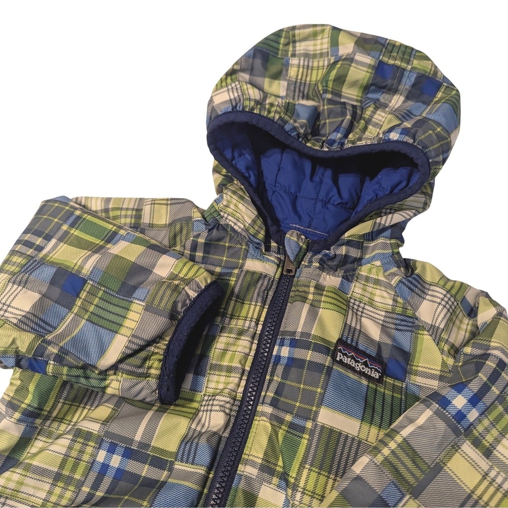 Patagonia Kids Reversible Puff Ball Jacket Blue‎ Green Plaid Quilted Hooded ~12M
